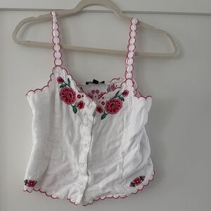 J. Crew White Camisole with Red Floral Embroidery